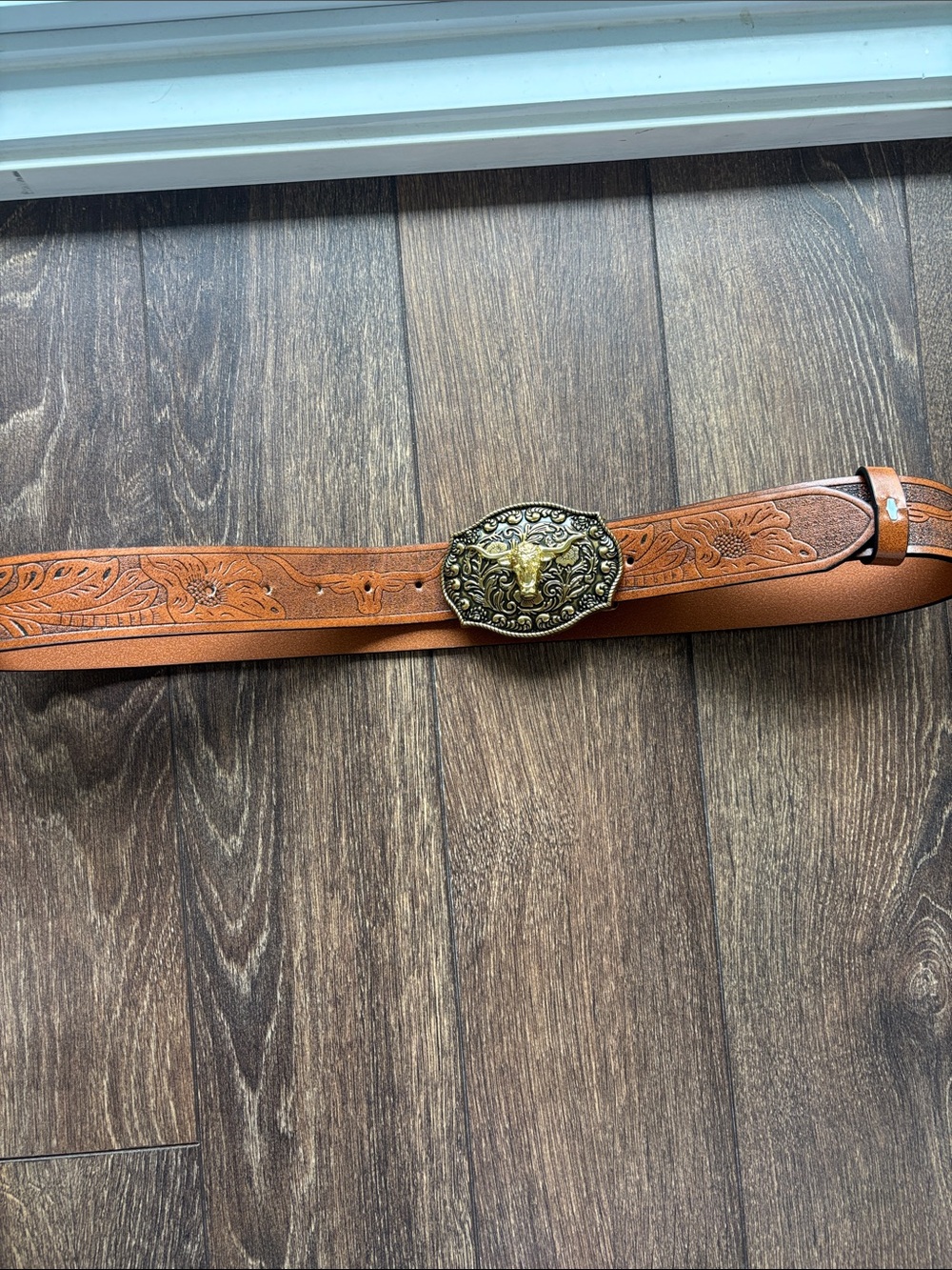 Faux Leather Tooled Western Belt with Brass Bull Buckle - Brown